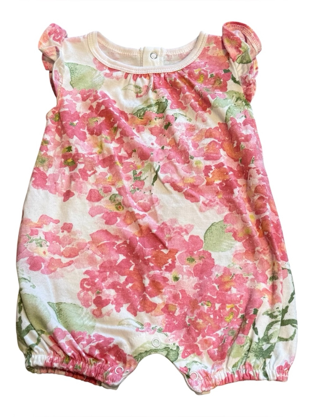 Burt’s Bees Baby Girl Floral Romper Newborn Pink Green Ruffle Sleeveless